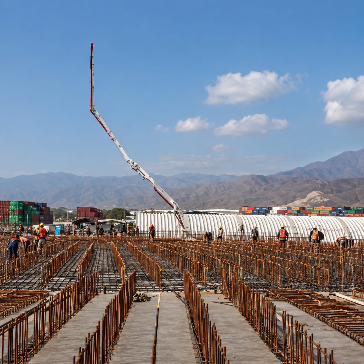 Losa industrial con acero de refuerzo y bomba de concreto