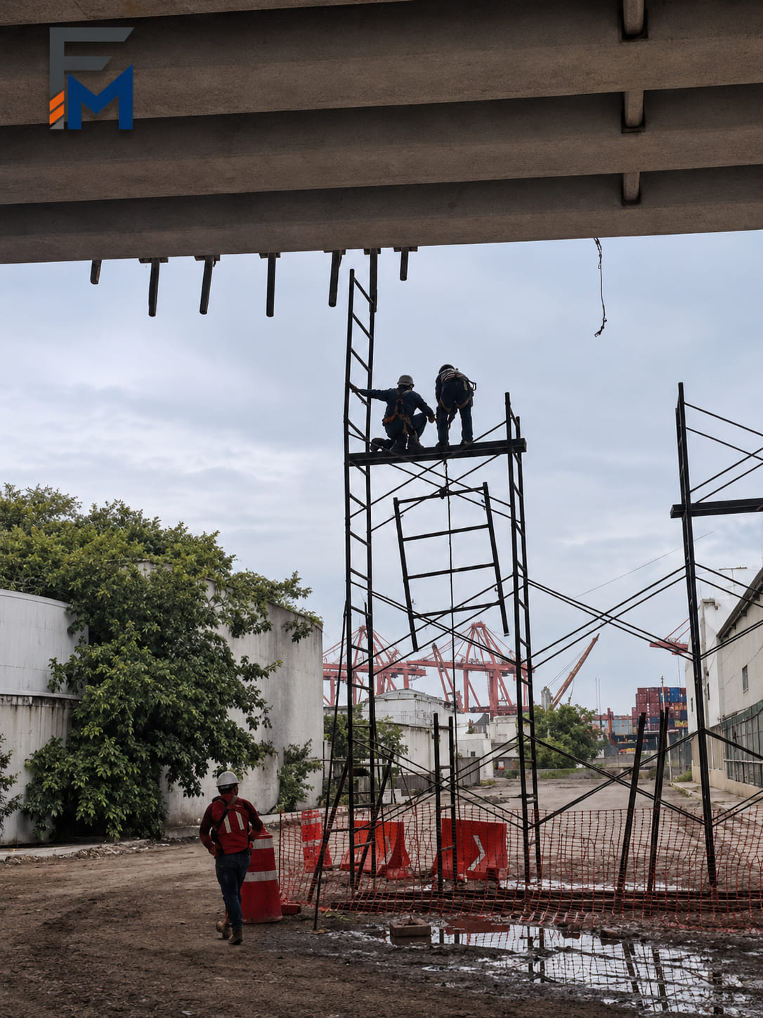 Trabajos estructurales en puente con andamios